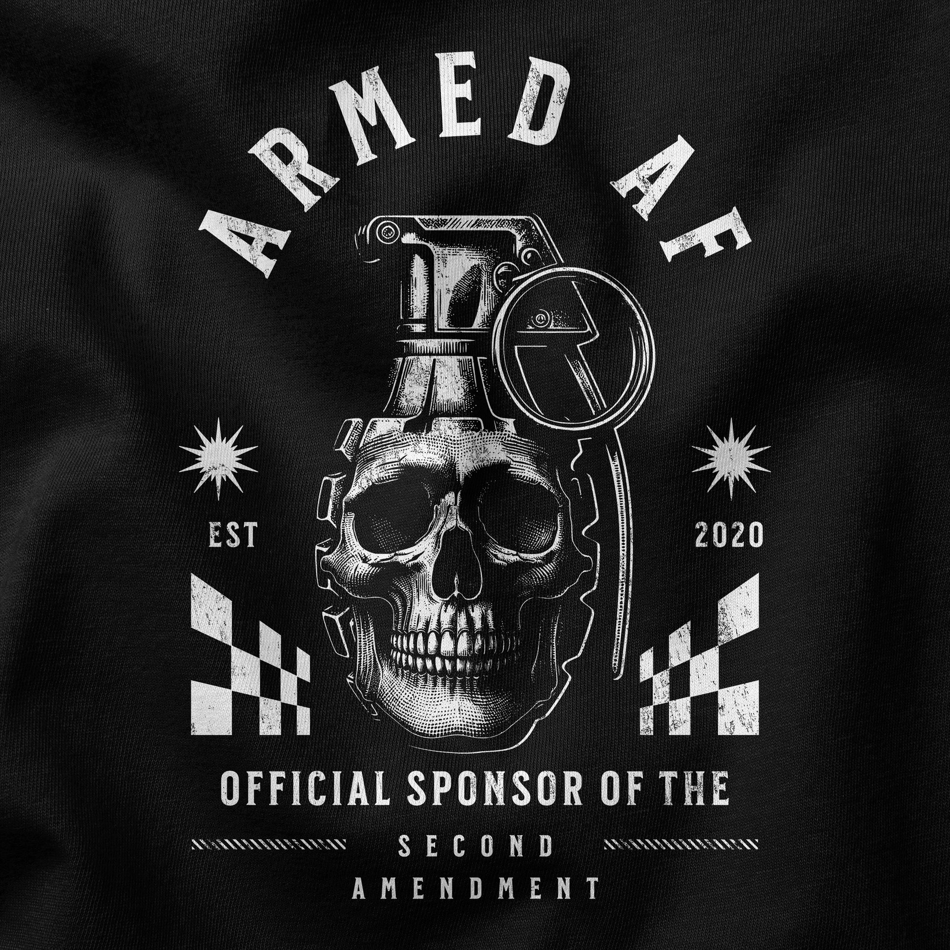Closeup of second amendment t-shirt design with grenade skull