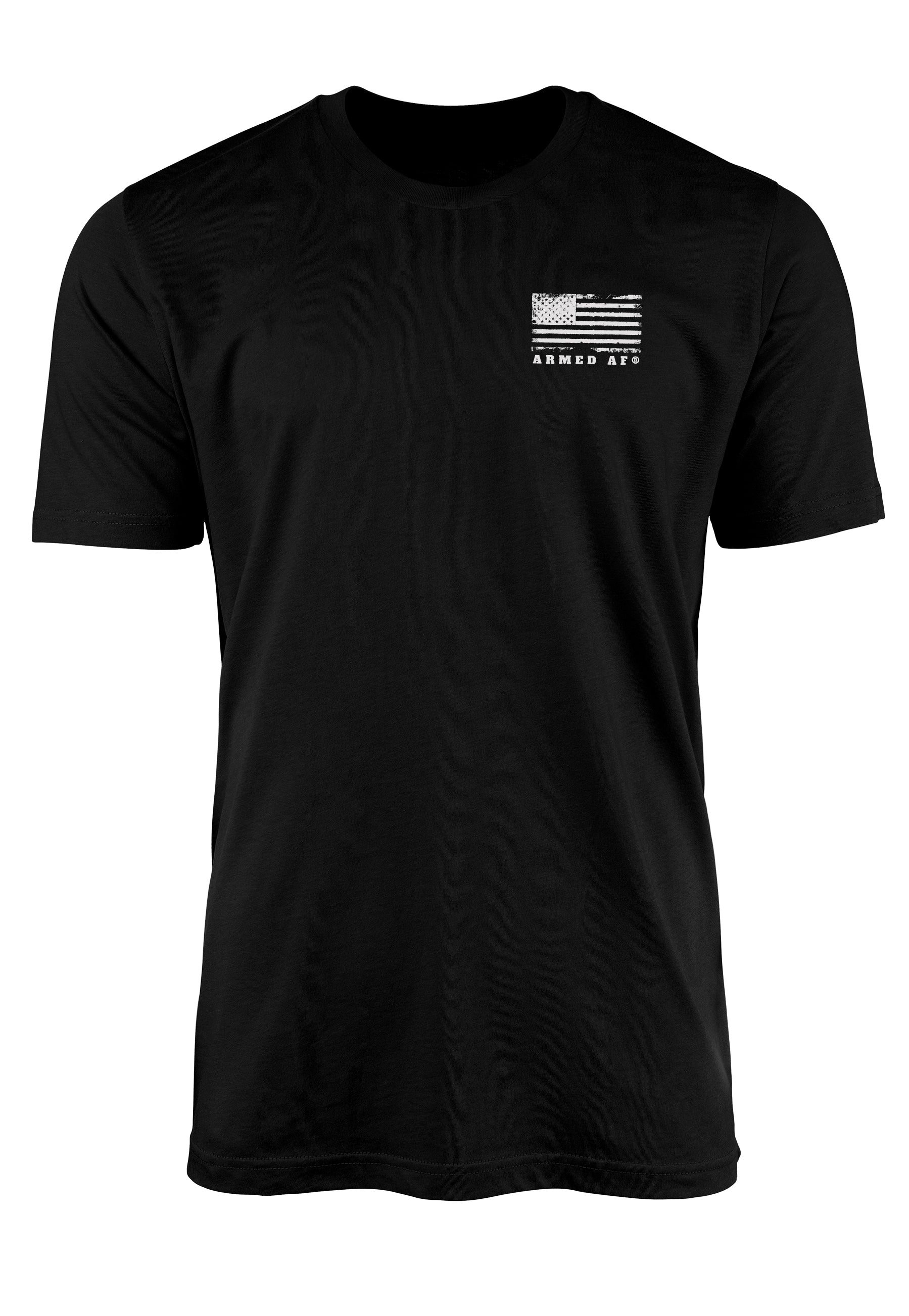 Left chest American Flag logo on a second amendment t-shirt from Armed AF® brand