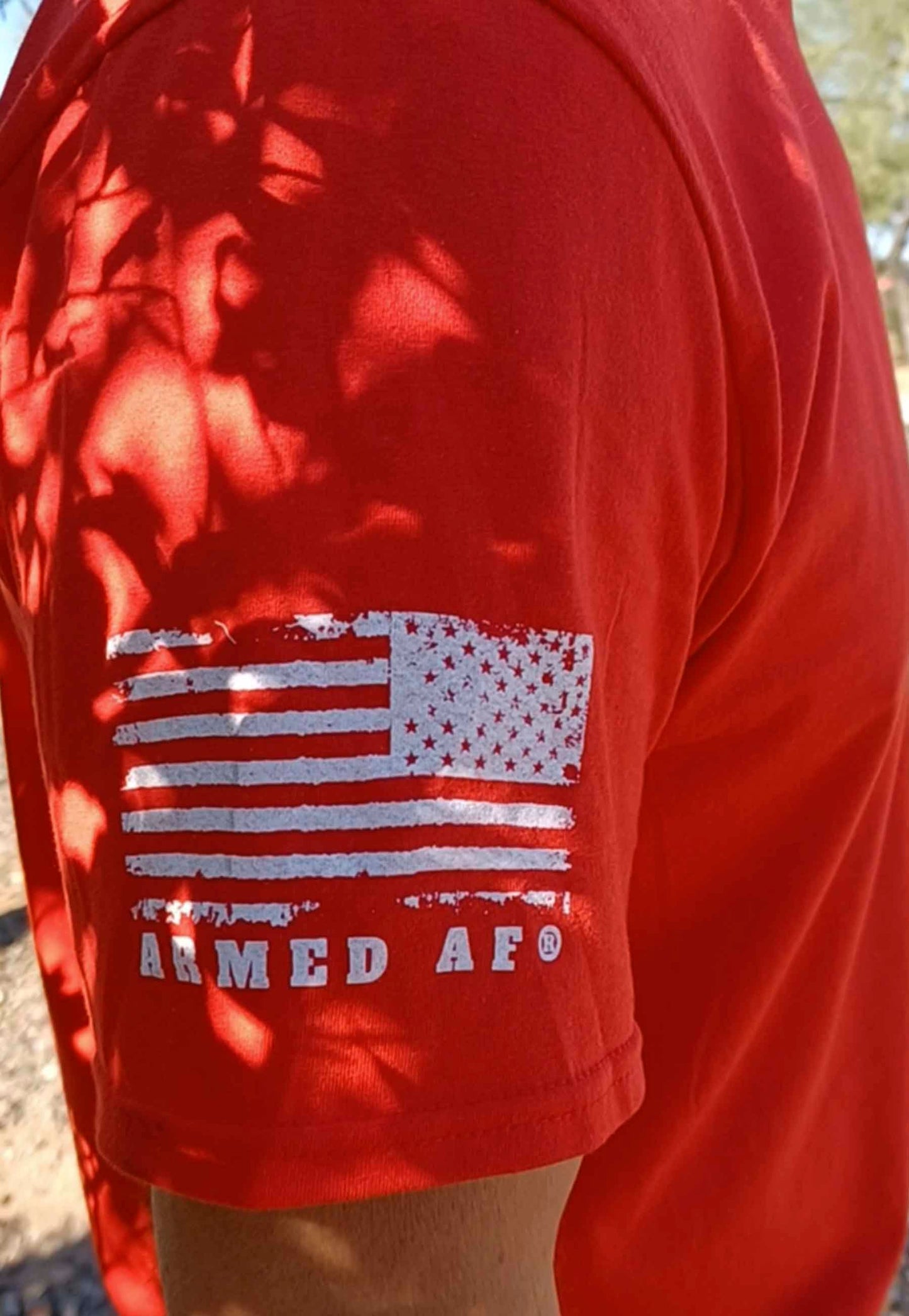 American Flag on Sleeve of Armed AF® brand tee shirt